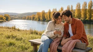 Paar sitzt auf einer Holzbank am sonnigen Rheinufer, sie hält ihr Handy, er schaut lächelnd mit auf den Bildschirm